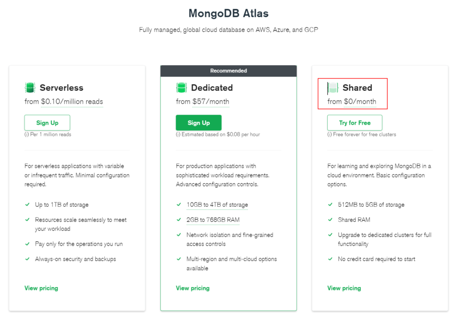 MongoDB Atlas | 料金プラン(2022/08月時点)