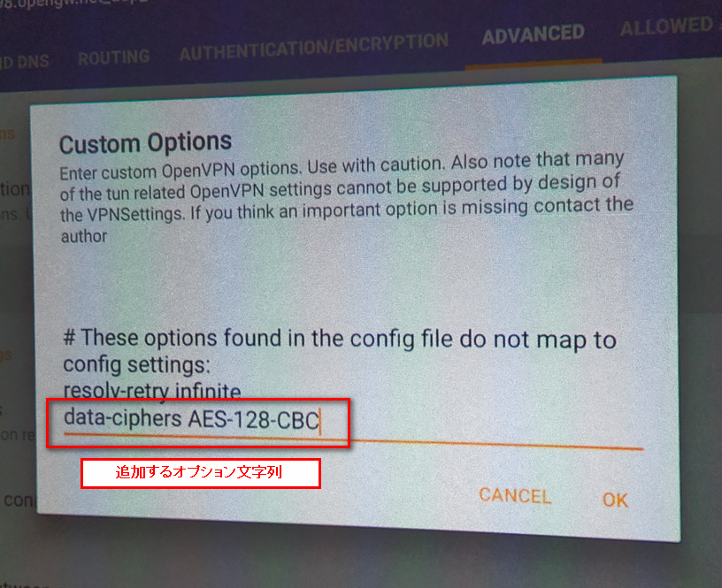 OpenVPN for Android | Custom Optionsの追加